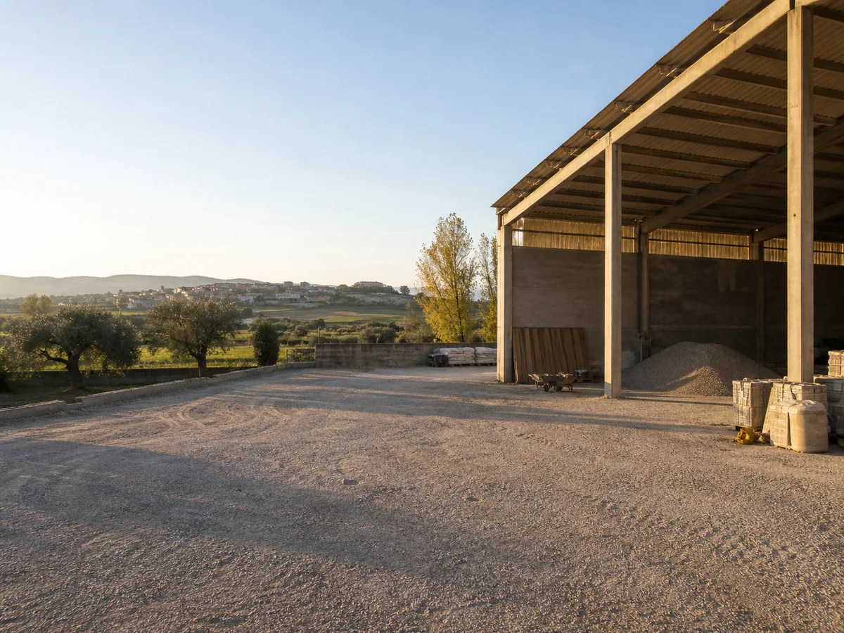 Zona de trabajo rural con terreno y espacio de maniobra visibles