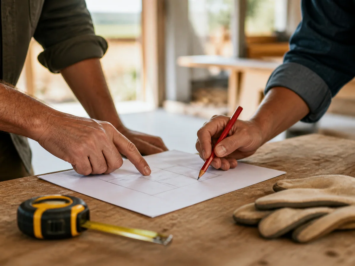 Preparación del trabajo sobre un croquis y una mesa de taller
